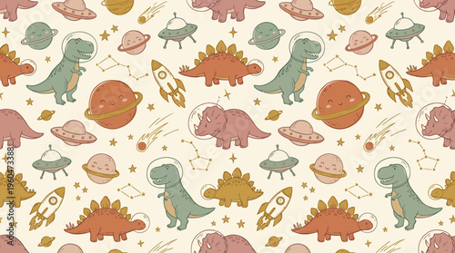 Seamless pattern of cute cartoon dinosaurs wearing space helmets among planets rockets and stars on a beige background, concept for nursery wallpaper, children textile design and kids decor