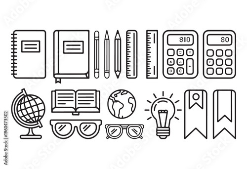 Collection of school supplies and educational objects including notebooks, books, pencils, ruler, calculators, glasses, and globe