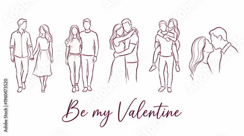 Minimalist line art sketches of professional executive office manager couples with Be My Valentine text, concept for romantic greeting card, corporate identity and holiday gift marketing