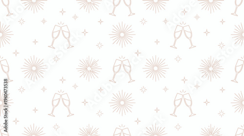 Seamless pattern of minimalist line art champagne glasses and festive starburst icons on white background, concept for luxury wedding invitation, celebratory event backdrop and holiday greeting cards