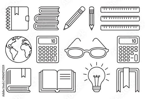 Collection of school supplies and educational objects including notebooks, books, pencils, ruler, calculators, glasses, and globe