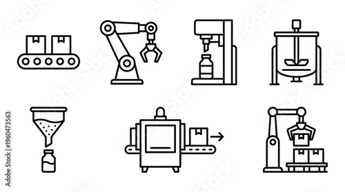 Set of industrial automation line icons showing conveyor belts robotic arms and manufacturing equipment, concept for smart factory systems, automated production and industrial logistics