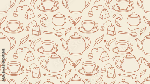 Seamless pattern of tea time elements including teapots, cups, saucers, tea bags and leaves in line art style, concept for textile printing, packaging design and kitchen wallpaper