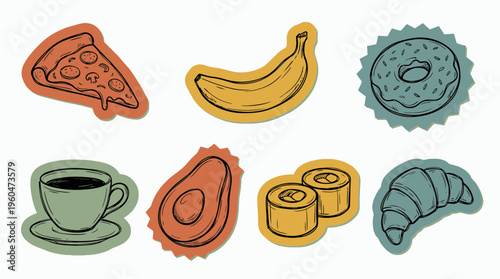 Various hand drawn food and drink stickers set featuring pizza slice banana donut coffee cup avocado sushi and croissant on white background, concept for menu design, blog and digital marketing