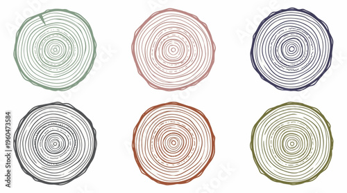 Six colorful hand drawn tree ring cross sections with circular wood grain patterns isolated on white background, concept for eco branding, rustic design and nature conservation