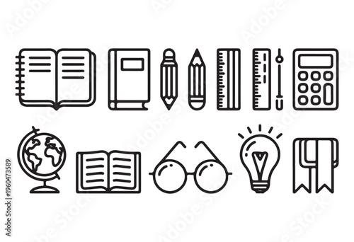 Collection of school supplies and educational objects including notebooks, books, pencils, ruler, calculators, glasses, and globe