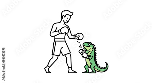 Humorous boxing match between a determined man and a feisty green iguana in a playful illustration