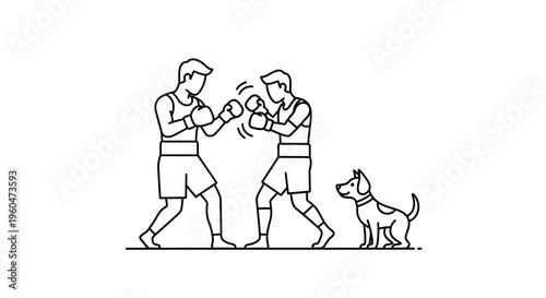 Two boxers sparring in a dynamic training session with a curious dog observing the action