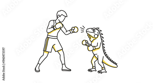 Unconventional boxing match illustration featuring a human pugilist challenging a fierce iguana