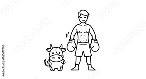 A smiling boxer stands proudly beside a charming cartoon cow, a unique visual pairing of strength
