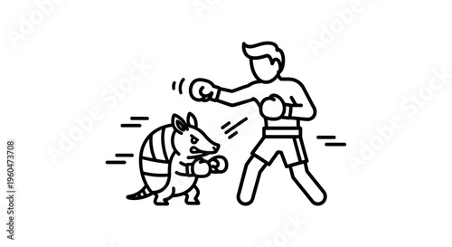 Unusual boxing match between a human athlete and a determined armadillo in a minimalist line art