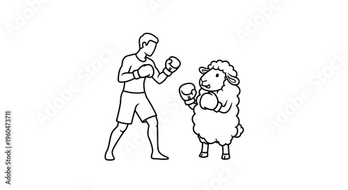 Whimsical boxing match between a determined human fighter and a fluffy sheep competitor