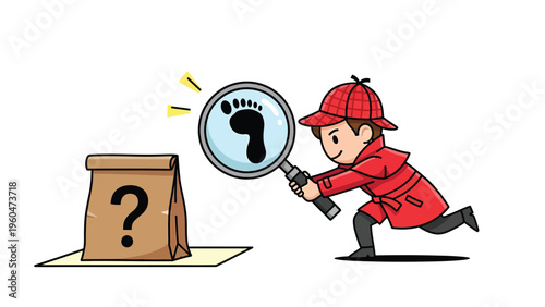 Cartoon Detective Investigating Mystery with Magnifying Glass and Question Mark Bag, Seeking Clues