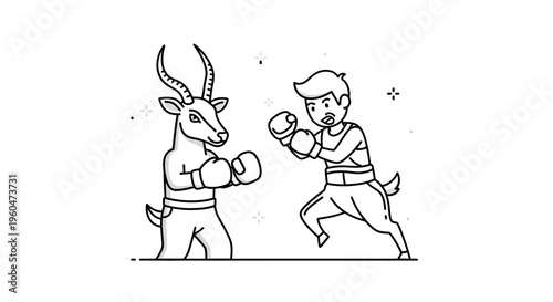 Dynamic monochrome illustration of a unique boxing challenge between a human and an agile horned