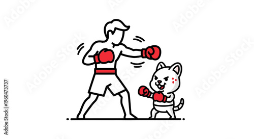 Dynamic cartoon illustration of a human boxer sparring playfully with a small feline companion