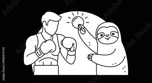 A minimalist line art depiction of a determined boxer and a curious sloth sharing a glowing orb