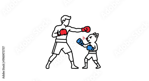 Dynamic boxing match illustration featuring human versus spirited animal fighter in a minimalist