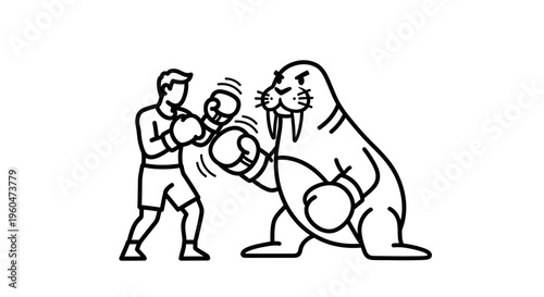 Amusing black and white line art depicting a brave man boxing against a formidable walrus,