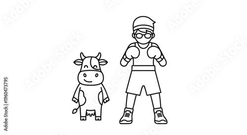 Minimalist black and white cartoon illustration featuring a happy cow and a determined boxer