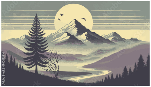 Serene mountain landscape with pine trees and river under moonlight