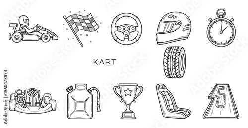 Comprehensive collection of go karting elements including driver, race flag, steering wheel, helmet, tire, stopwatch, trophy, fuel can, racing seat, and track ideal for motorsports