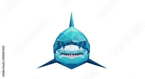 Low poly geometric shark, predatory marine animal, blue polygon art, white background