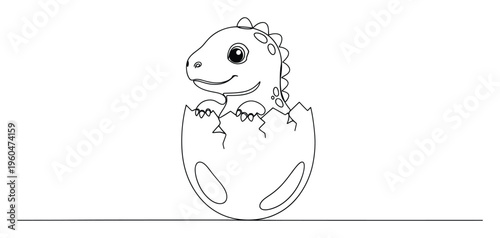 A charming baby dinosaur with a happy expression hatches from a cracked egg, drawn in a continuous line style, suitable for childrens books, nursery decorations, or playful branding