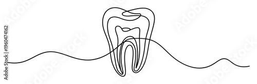 Modern abstract single line art showing a healthy tooth structure integrated with dynamic wavy lines, suitable for dental clinics, health blogs, and educational resources.