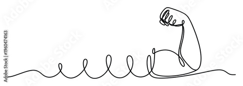 Dynamic continuous line evolving from a simple coil to a strong, flexing human bicep, symbolizing growth, progress, and power, perfect for health, fitness, or selfimprovement branding and