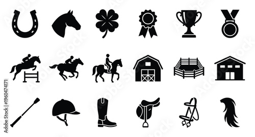 Equestrian horse riding and stable life icon collection showcasing sport equipment competition awards animal symbols and rider accessories suitable for diverse graphic design projects