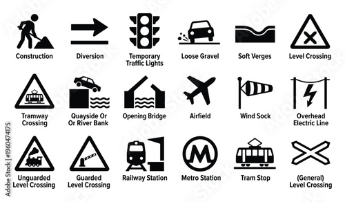 Comprehensive collection of essential black and white road and transportation signs providing critical warnings and informational guidance for driving safety and navigation across different