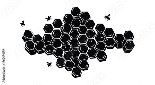 A striking black honeycomb design with several small bees flying around a central dark opening silhouette high quality