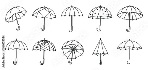 Line drawing set of various umbrella and parasol styles, including polka dot and geometric patterns, perfect for weatherrelated graphics, decorative elements, and seasonal design projects.