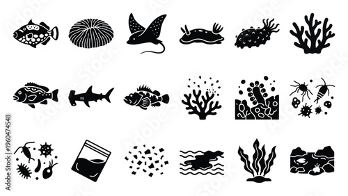 A comprehensive collection of diverse marine life and underwater environmental icons, including fish, coral, invertebrates, and ocean pollution elements, perfect for educational resources