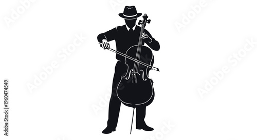 A musician intently plays a cello dressed in a suit and hat presented as a striking silhouette