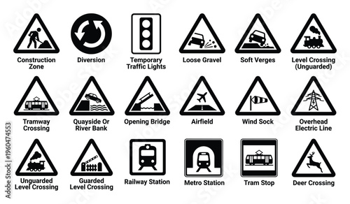 A comprehensive selection of road warning signs and public transport symbols depicting traffic conditions like construction zones, diversions, loose gravel, level crossings, and stations