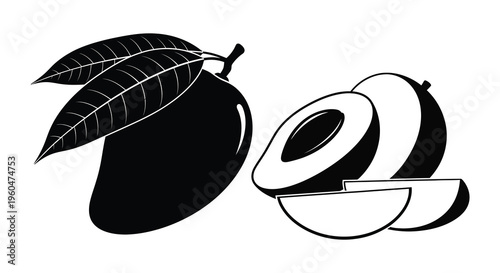 A striking black and white illustration depicts a whole mango and its sliced components a beautiful silhouette