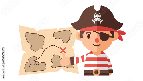 Flat Design Pirate Holding and Pointing at a Treasure Map with X Mark