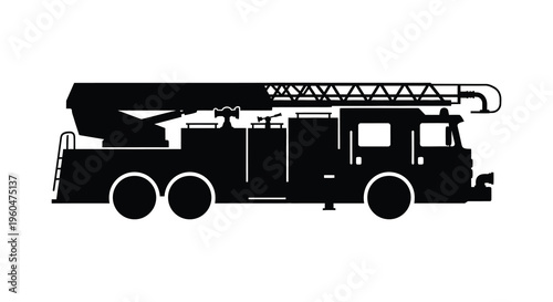 A detailed black silhouette depicts a classic fire truck with an extended ladder showcasing emergency services silhouette