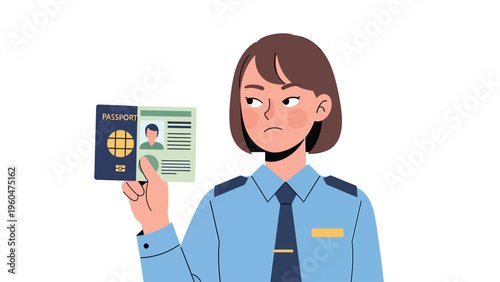 Female border control officer checking passport. Immigration and travel document verification. Security check.