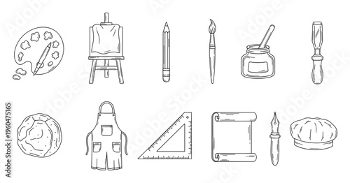 Diverse collection of essential tools and supplies for artists encompassing painting, drawing, sculpting, woodworking, and writing crafts, ideal for educational resources and creative