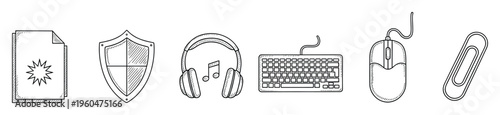 Hand drawn technology and office related icons including document, security shield, musical headphones, computer keyboard, desktop mouse, and paperclip for various business applications.