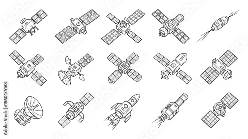 Collection of space technology objects showcasing various orbital satellites and rockets for educational resources and science communication projects