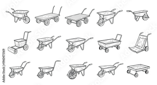 A comprehensive collection of various utility carts, wheelbarrows, and trolleys for gardening, construction, and material transport applications.