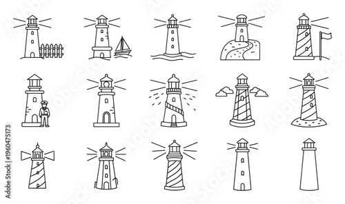 Collection of simple outline lighthouses representing nautical navigation marine safety and coastal travel perfect for web icons app interfaces or educational graphic resources