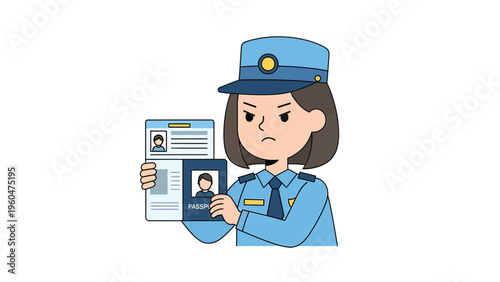 Stern Police Officer Verifying Identity Documents Illustration