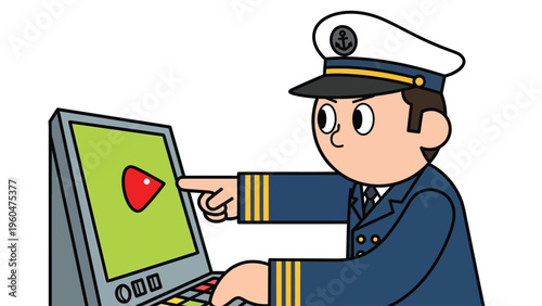 Cartoon ship captain pointing at a computer screen with a play button, operating a digital interface