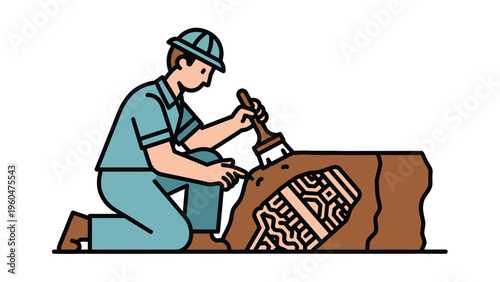 Archaeologist excavating ancient artifact with brush, revealing historical treasure from the earth, research illustration