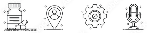 A collection of modern outline icons featuring a medicine bottle with pills, a user location pin, a settings gear with a no sign, and a vintage microphone, perfect for digital interfaces.