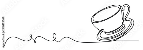 Elegant continuous line drawing capturing the essence of a coffee cup and saucer with a flowing abstract line, ideal for cafe branding, kitchen themed graphics, or beverage related
